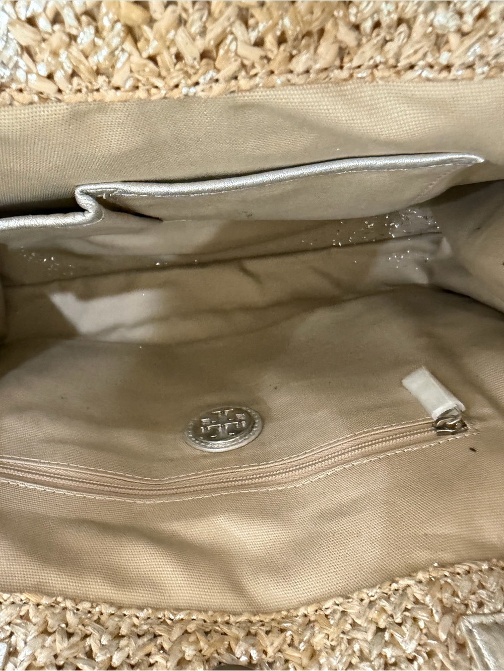 Tory Burch Ella Metallic Straw Raffia Tote Natural Silver Leather - Picture 7 of 7